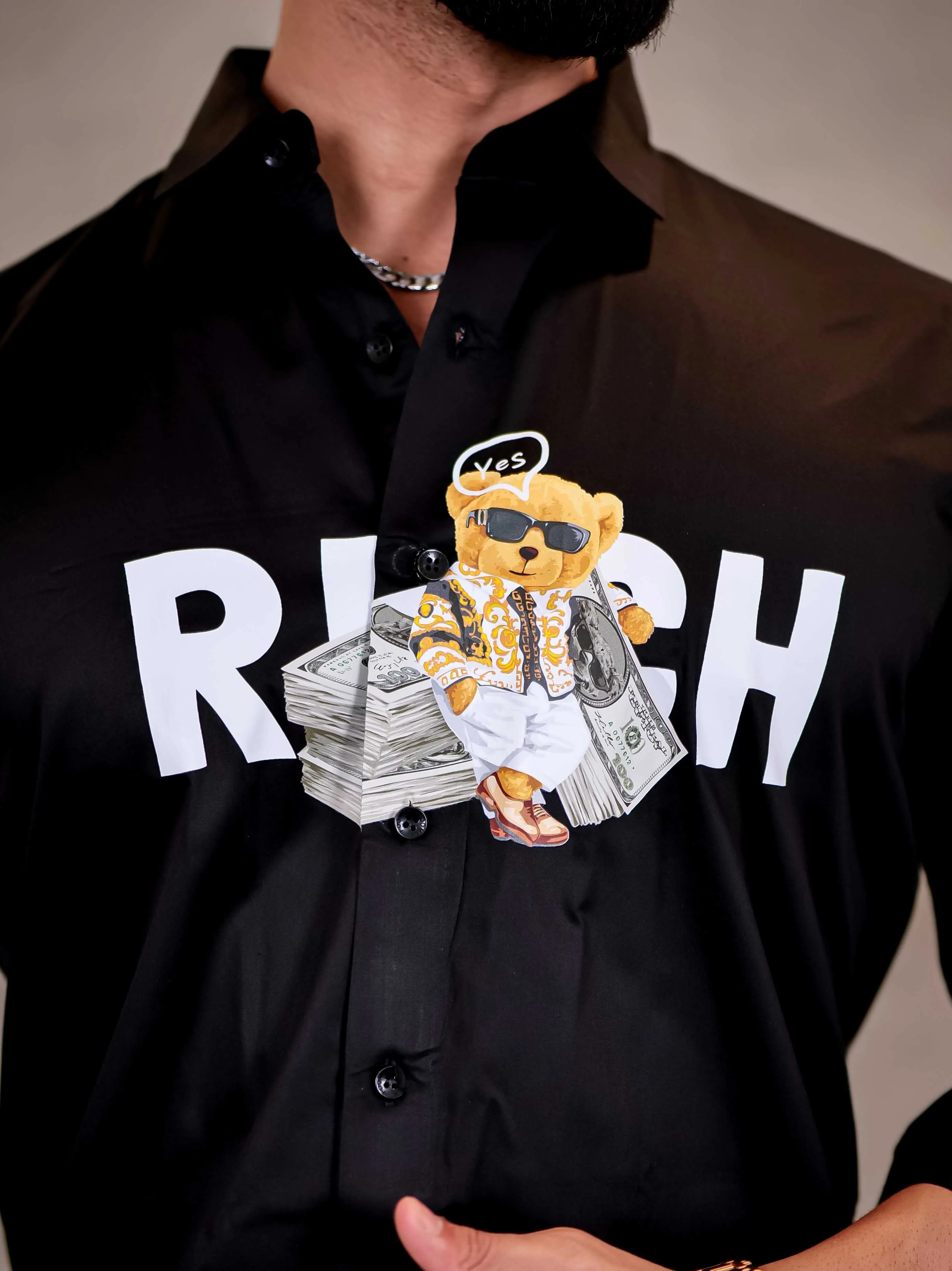 Black Club Wear Rich Printed Satin Cotton Shirt