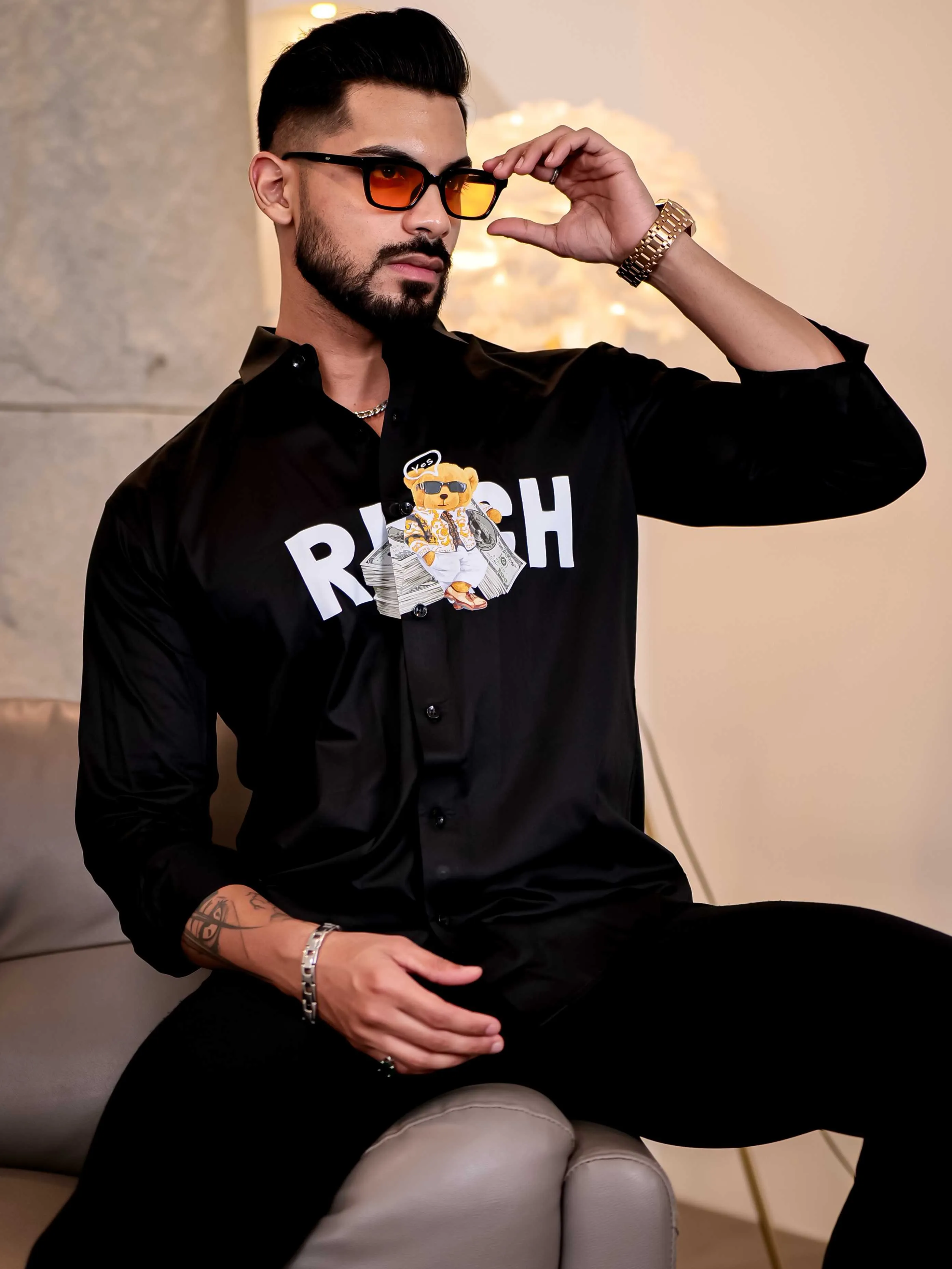Black Club Wear Rich Printed Satin Cotton Shirt