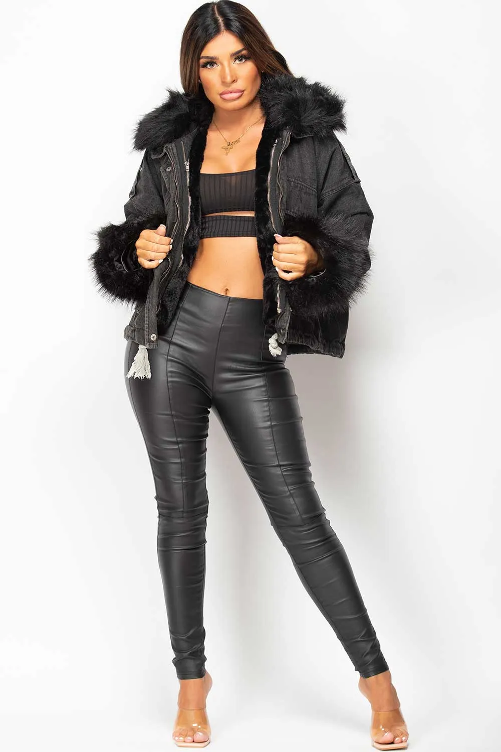 Black Denim Faux Fur Oversized Jacket