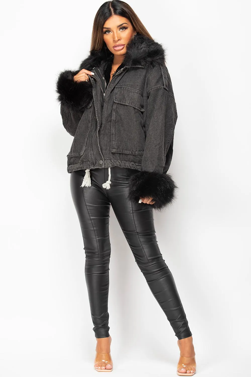 Black Denim Faux Fur Oversized Jacket