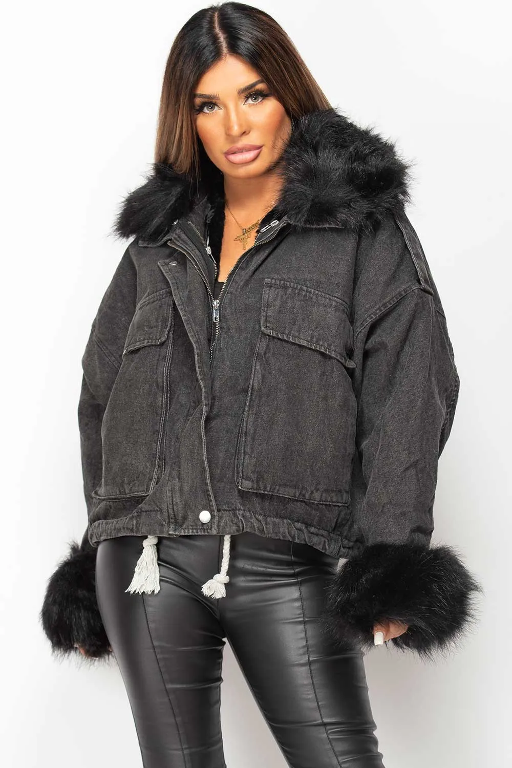 Black Denim Faux Fur Oversized Jacket