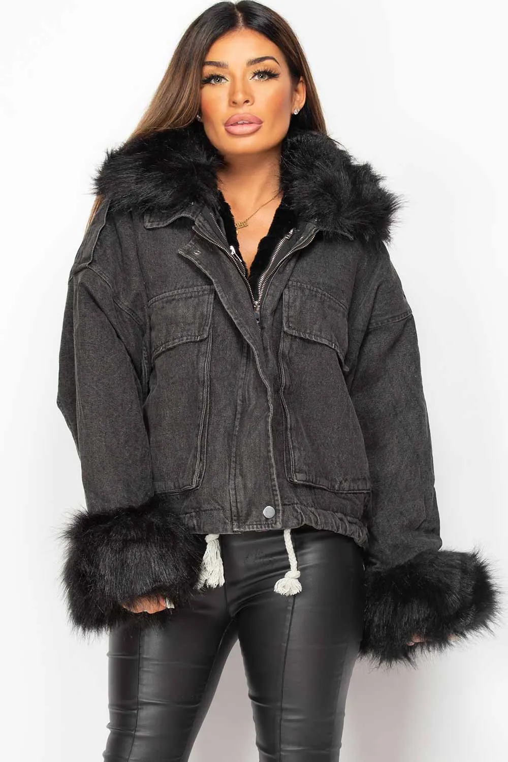 Black Denim Faux Fur Oversized Jacket