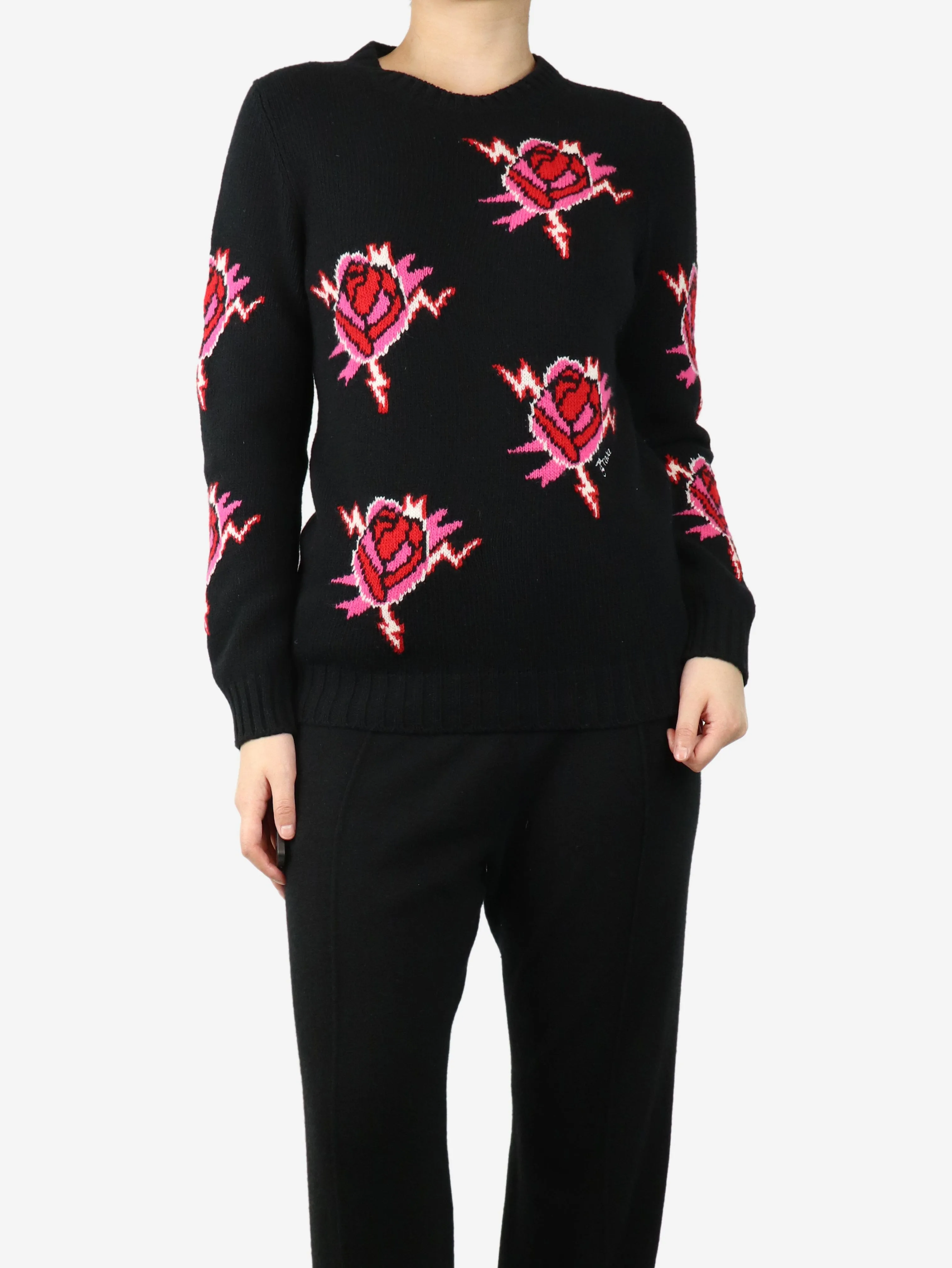 Black rose motif crewneck jumper - Size UK 10