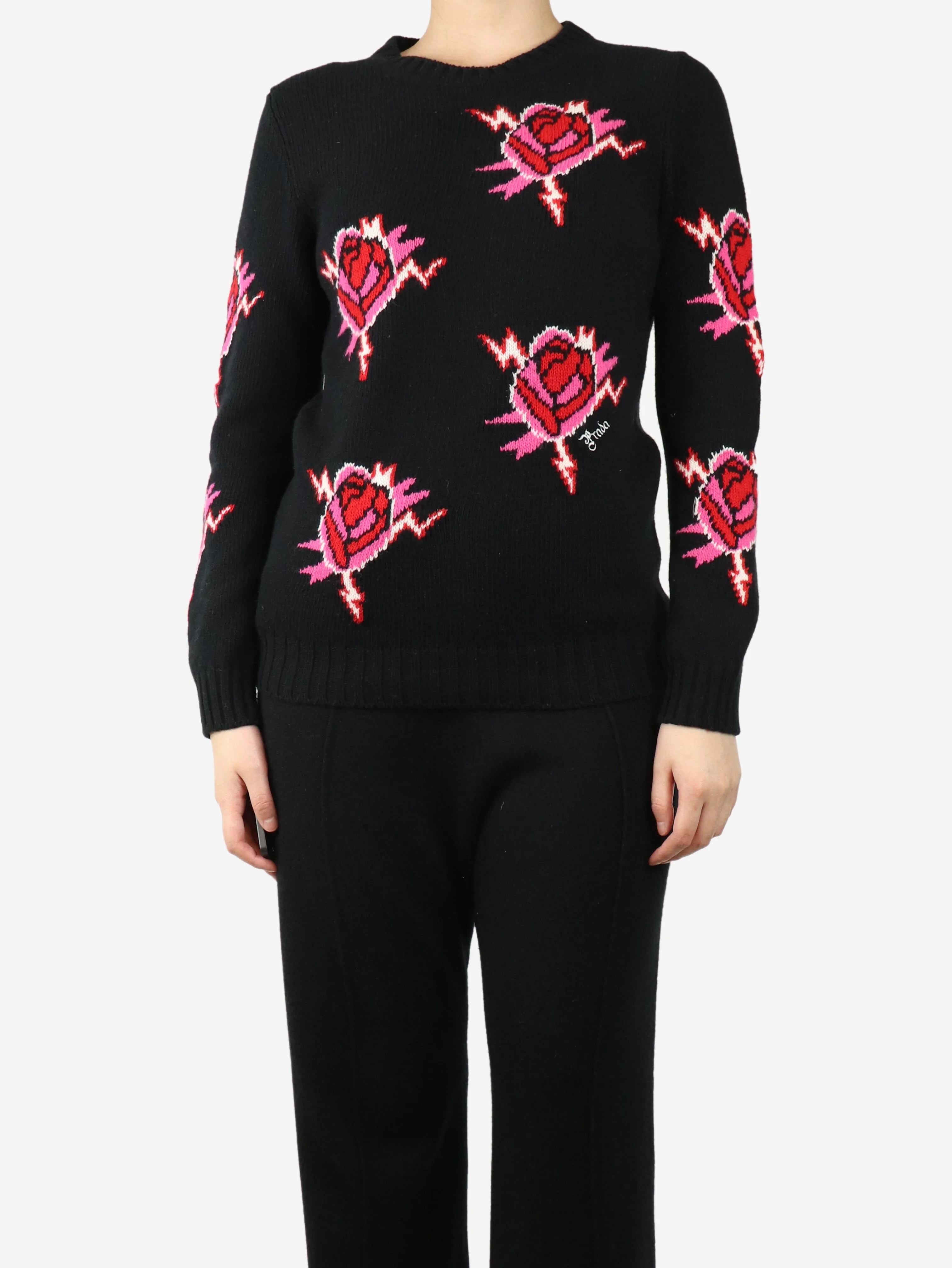 Black rose motif crewneck jumper - Size UK 10