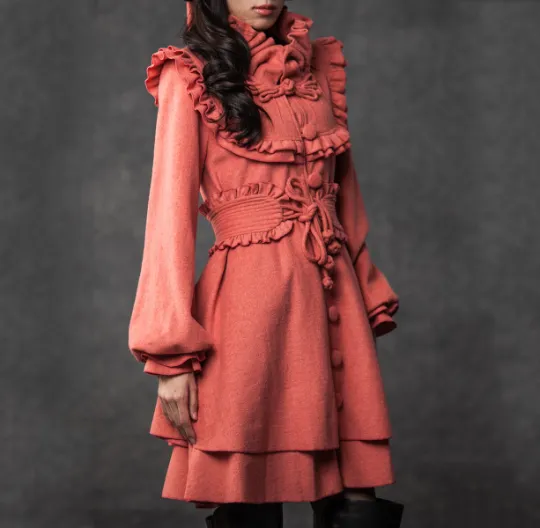 Black winter wool coat with ruffle details C188