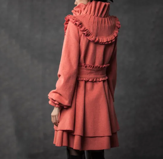 Black winter wool coat with ruffle details C188