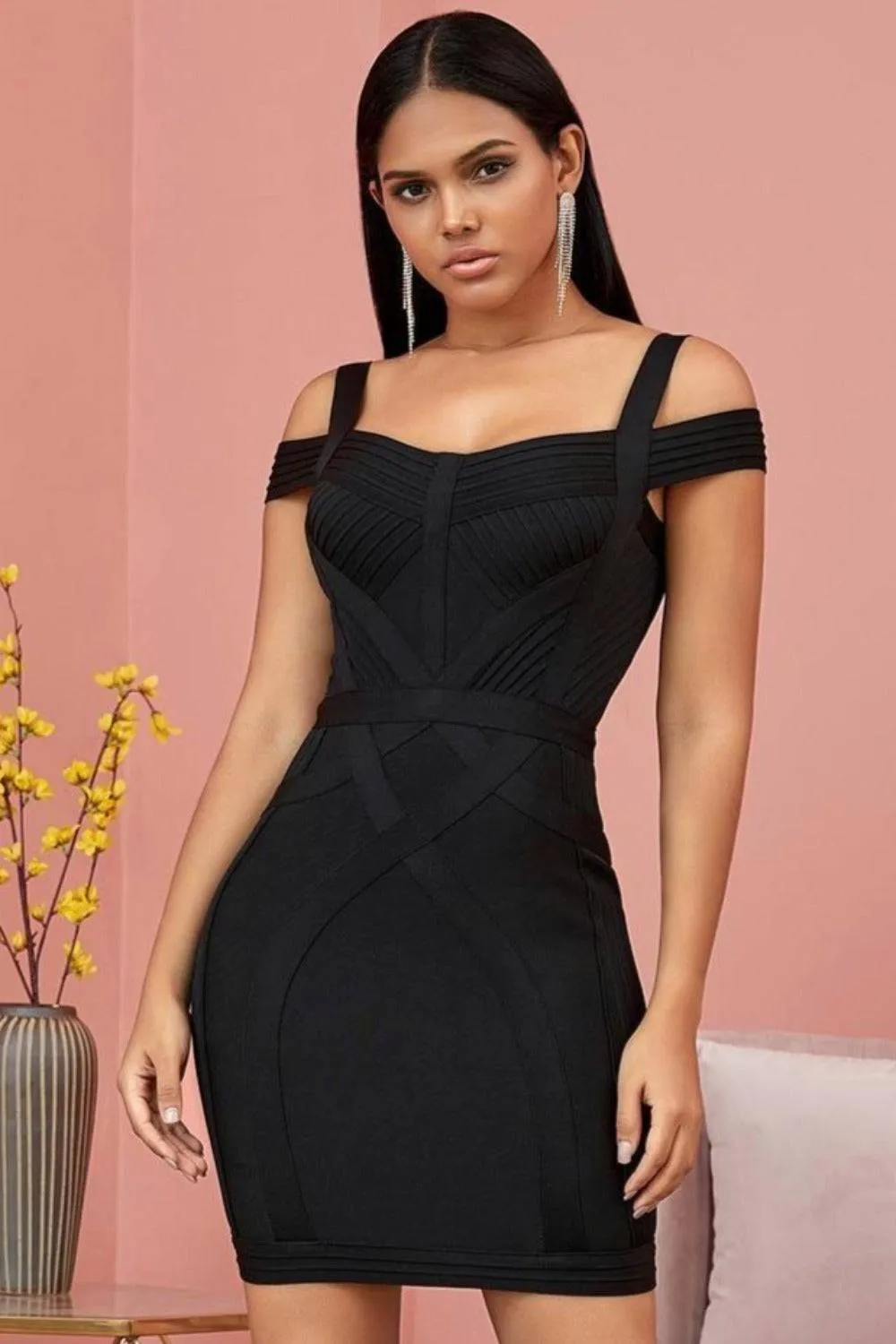 Body Contour Bustier Black Bodycon above knee Midi Dress