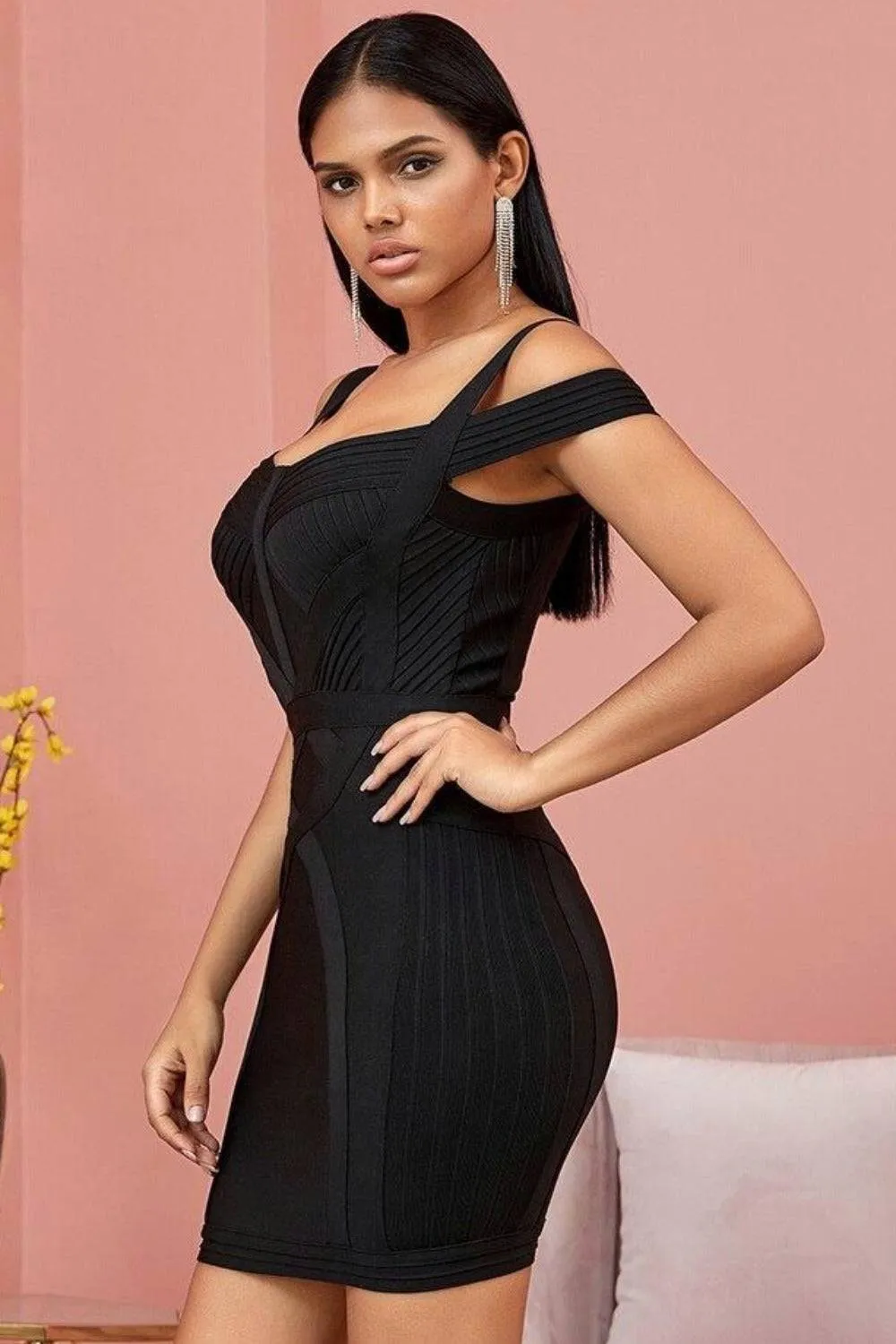 Body Contour Bustier Black Bodycon above knee Midi Dress