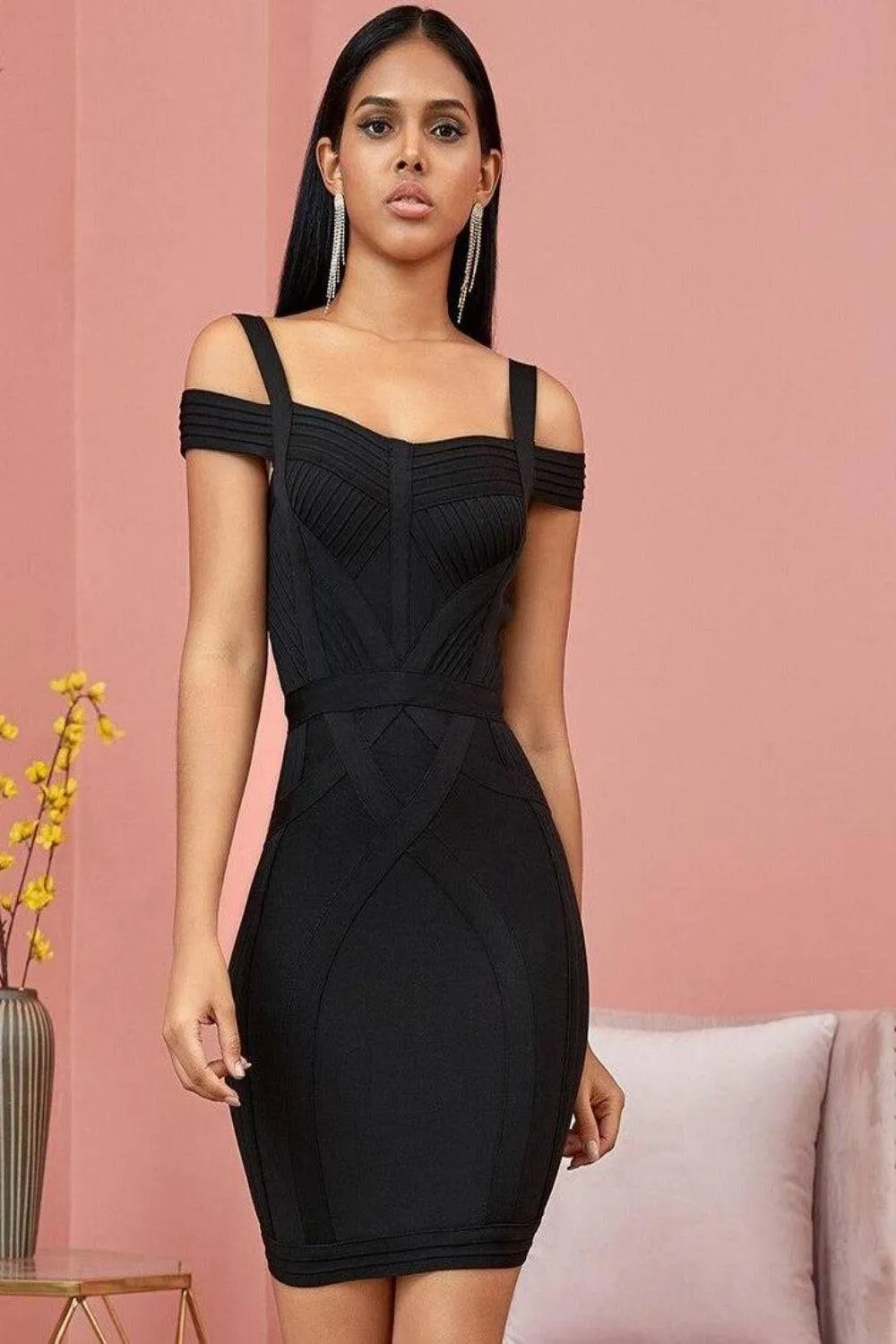 Body Contour Bustier Black Bodycon above knee Midi Dress