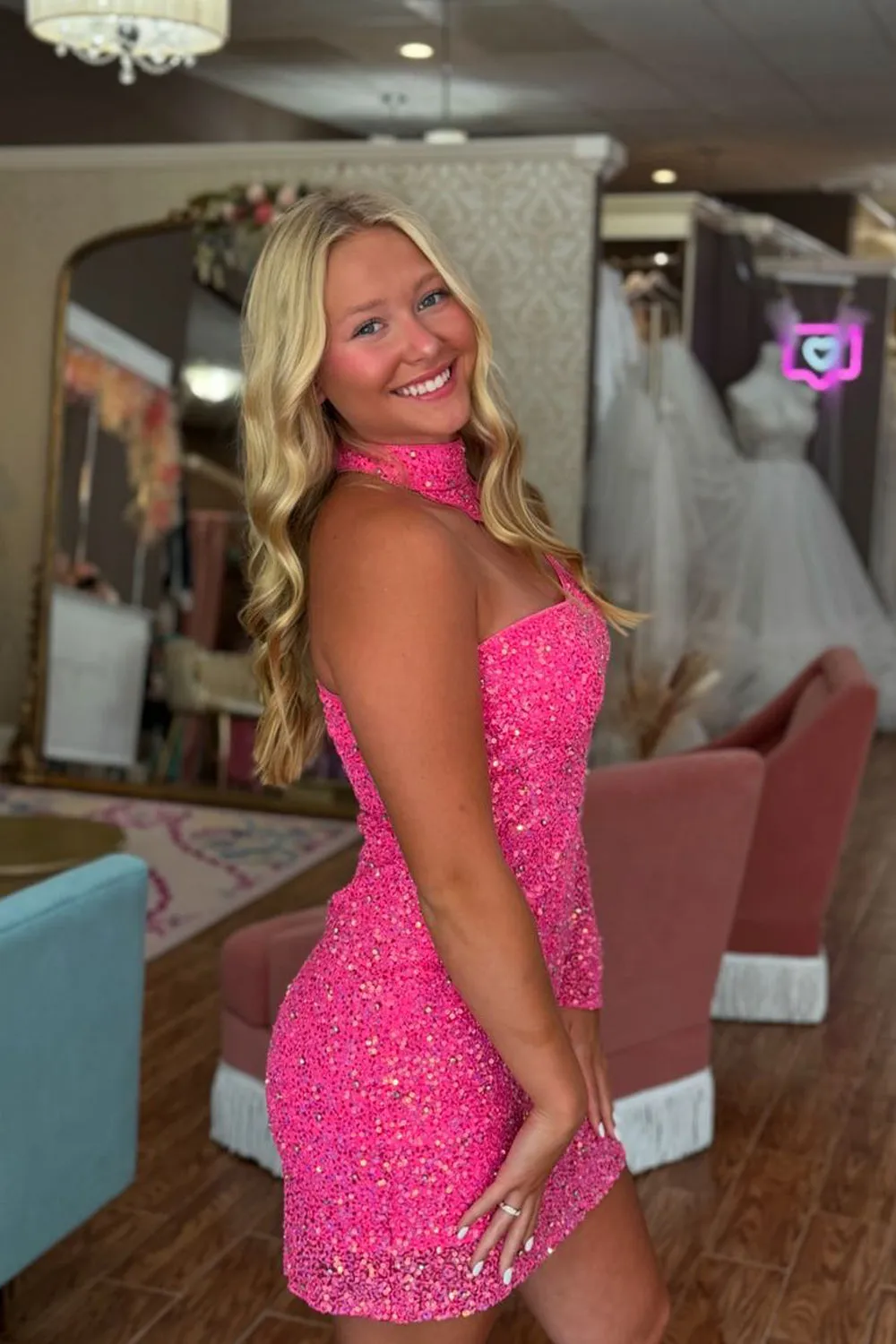 Bodycon One Sholder Long Sleeve Pink Sequins Short Tight Homecoming Dress VK24082908