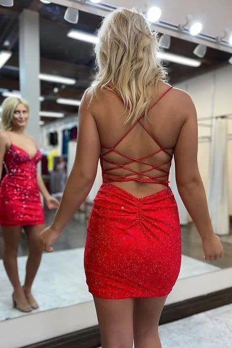 Bodycon V Neck Straps Red Satin Short Homecoming Dresses with Beading VK080402