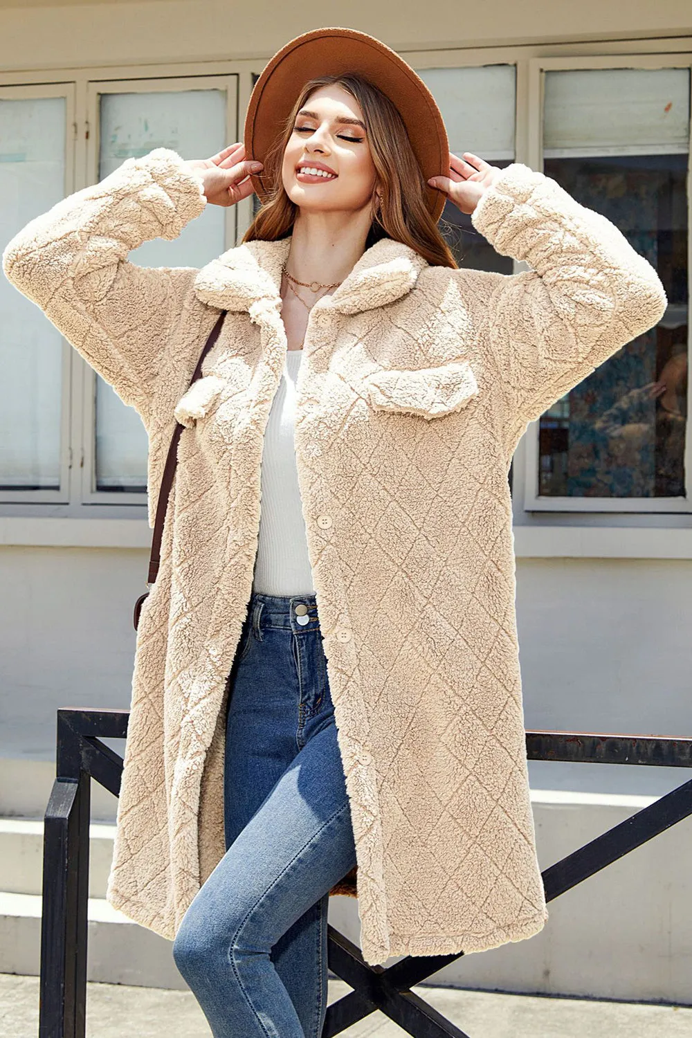 Camel Fleece Button Down Midi Coat