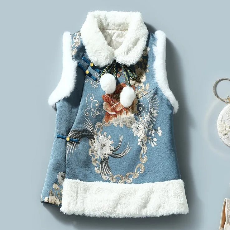 Cashmere Lapel Floral Chinese Style Thick Waistcoat Vest