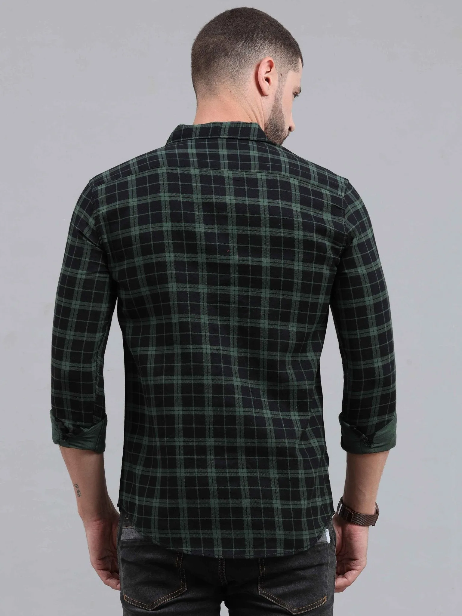 Checkered Cut Away Collar Casual Shirt