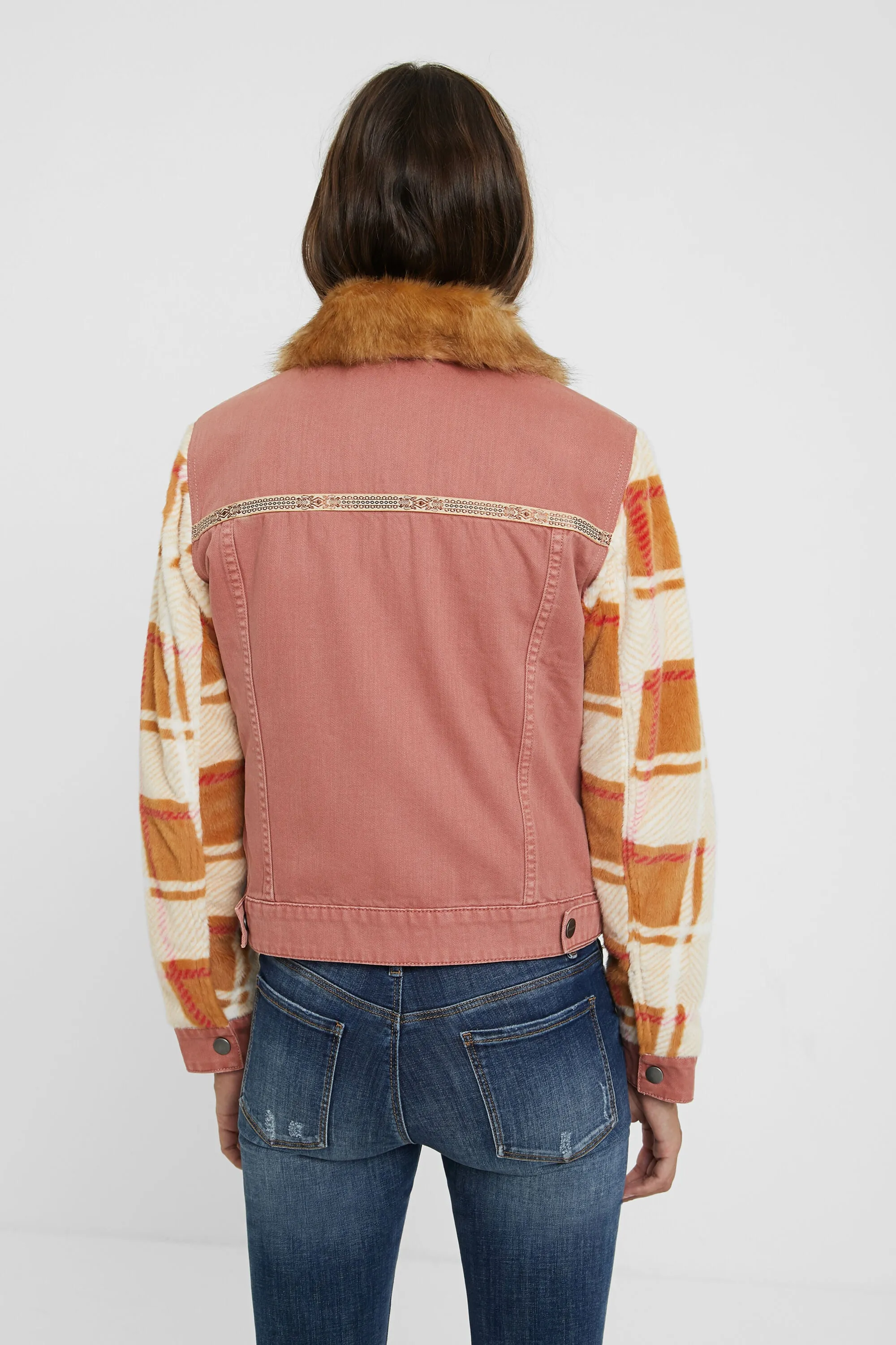 Checkis Pink Denim Jacket Checked Sleeves Faux Fur Collar Desigual Style 20WWEN03