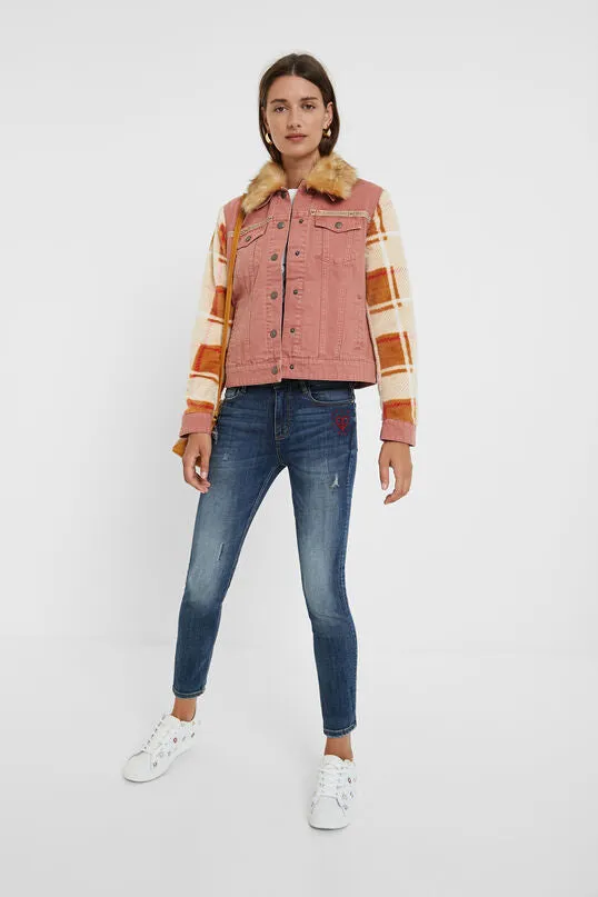 Checkis Pink Denim Jacket Checked Sleeves Faux Fur Collar Desigual Style 20WWEN03