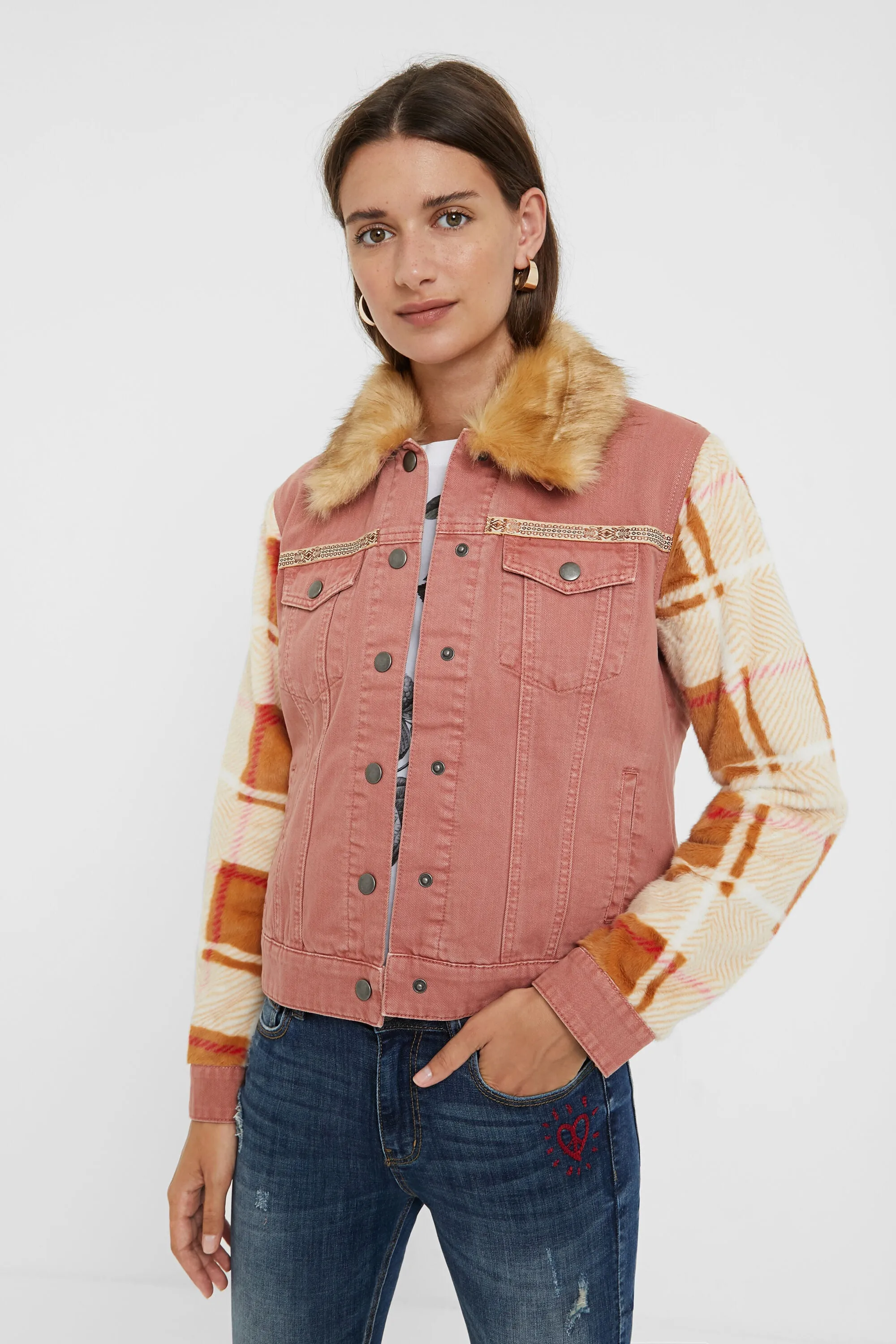 Checkis Pink Denim Jacket Checked Sleeves Faux Fur Collar Desigual Style 20WWEN03