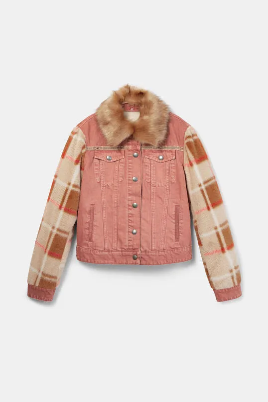 Checkis Pink Denim Jacket Checked Sleeves Faux Fur Collar Desigual Style 20WWEN03