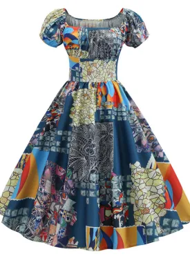 Colorful Print Short Sleeve Vintage Dress