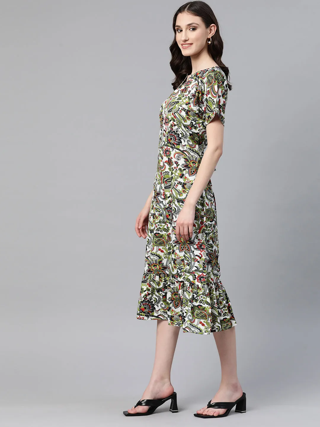 Cottinfab Floral Print Crepe Tiered A-Line Midi Dress With Tie-Ups Detail