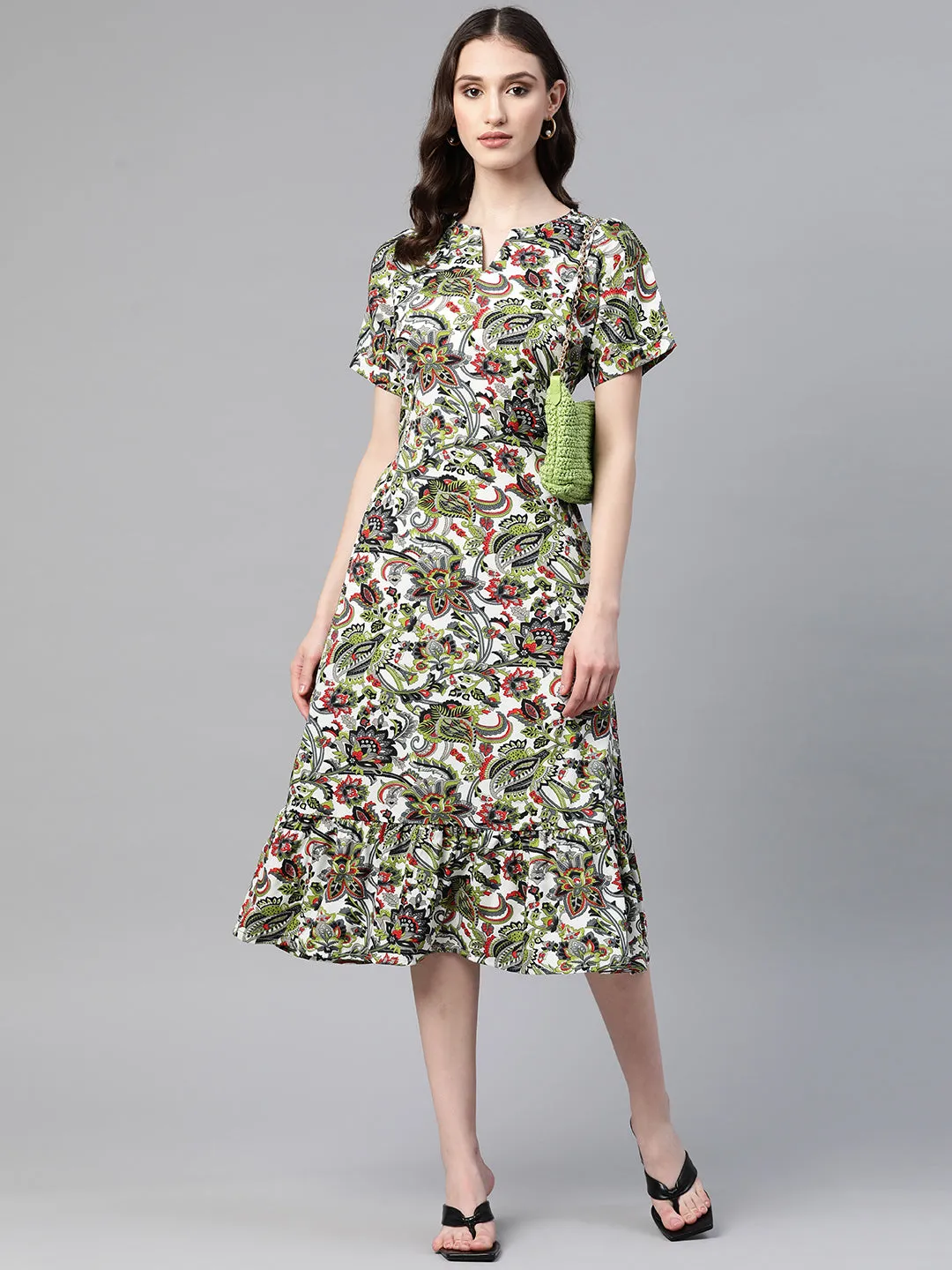 Cottinfab Floral Print Crepe Tiered A-Line Midi Dress With Tie-Ups Detail