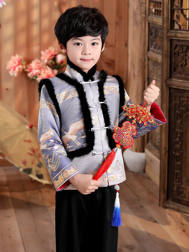 Cranes Pattern Brocade Fur Collar Chinese Style Boy's Wadded Suit