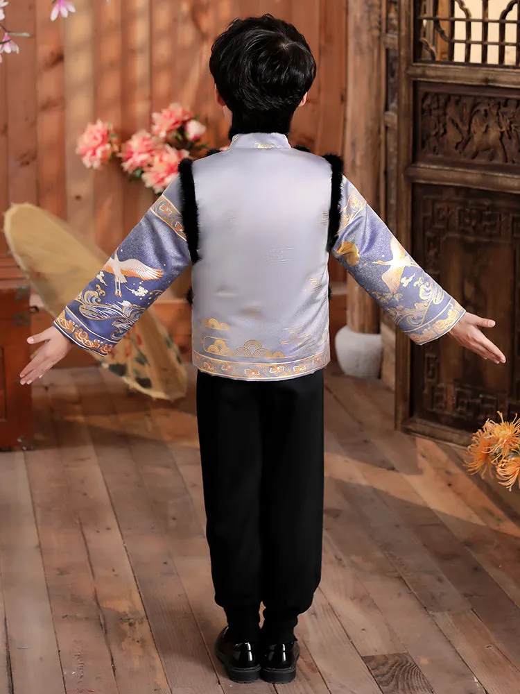 Cranes Pattern Brocade Fur Collar Chinese Style Boy's Wadded Suit