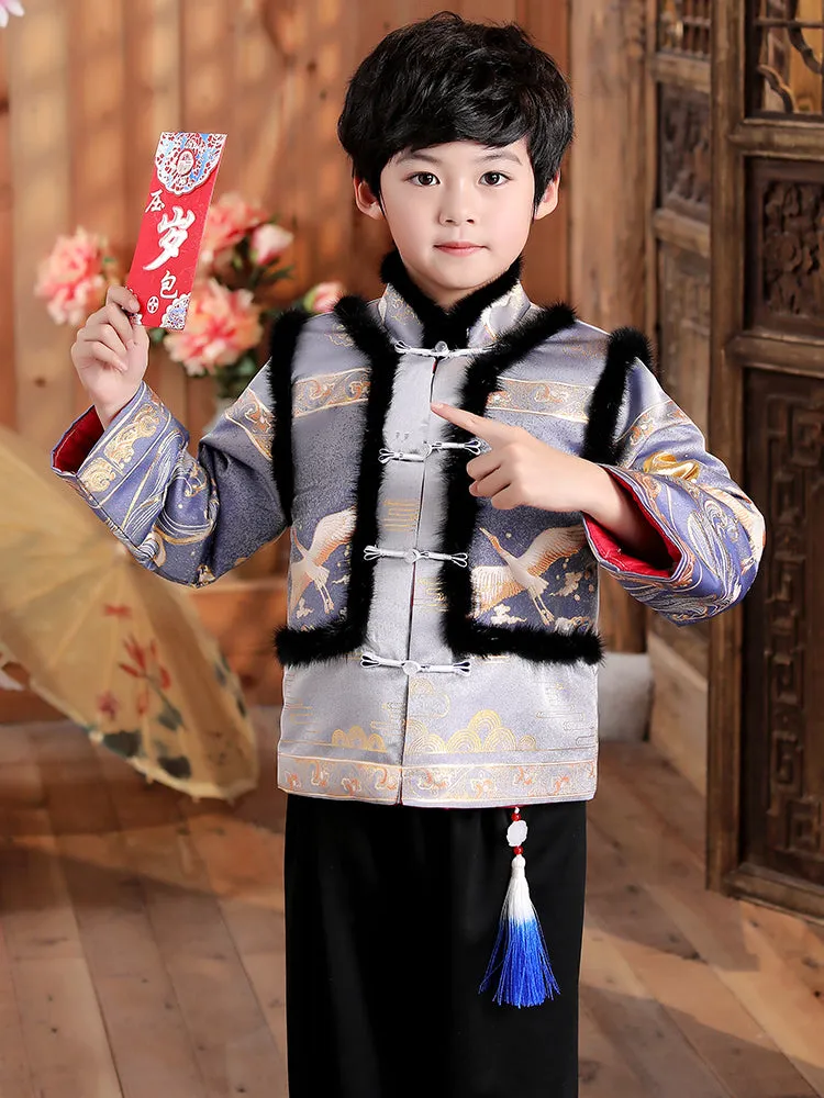 Cranes Pattern Brocade Fur Collar Chinese Style Boy's Wadded Suit