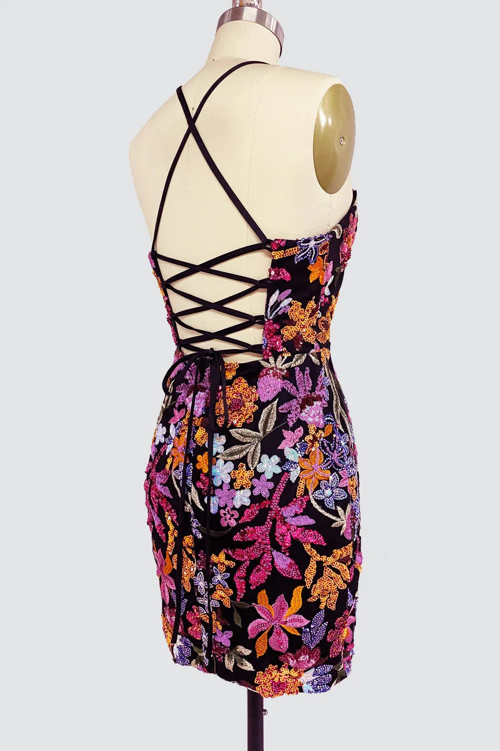 Cute Bodycon V Neck Lace Sequins Short Tight Homecoming Dresses VK24081409
