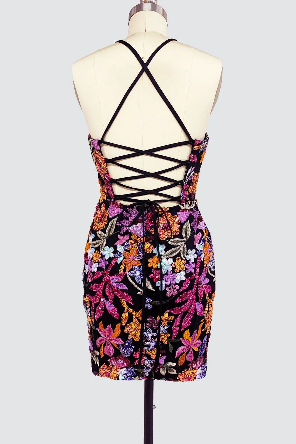 Cute Bodycon V Neck Lace Sequins Short Tight Homecoming Dresses VK24081409