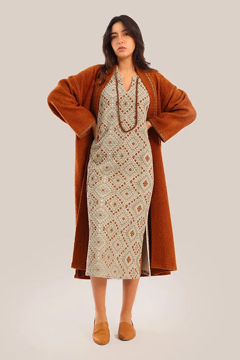 Embroidered wool blend bouclette coat