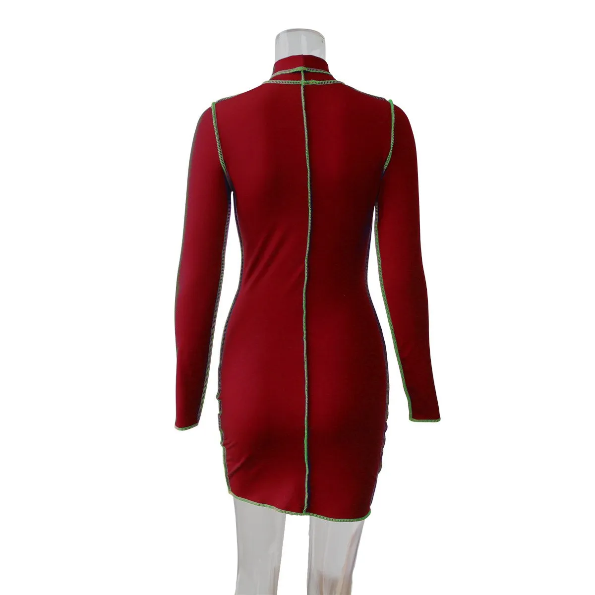 Fashionable round neck contrast long sleeve hip dress