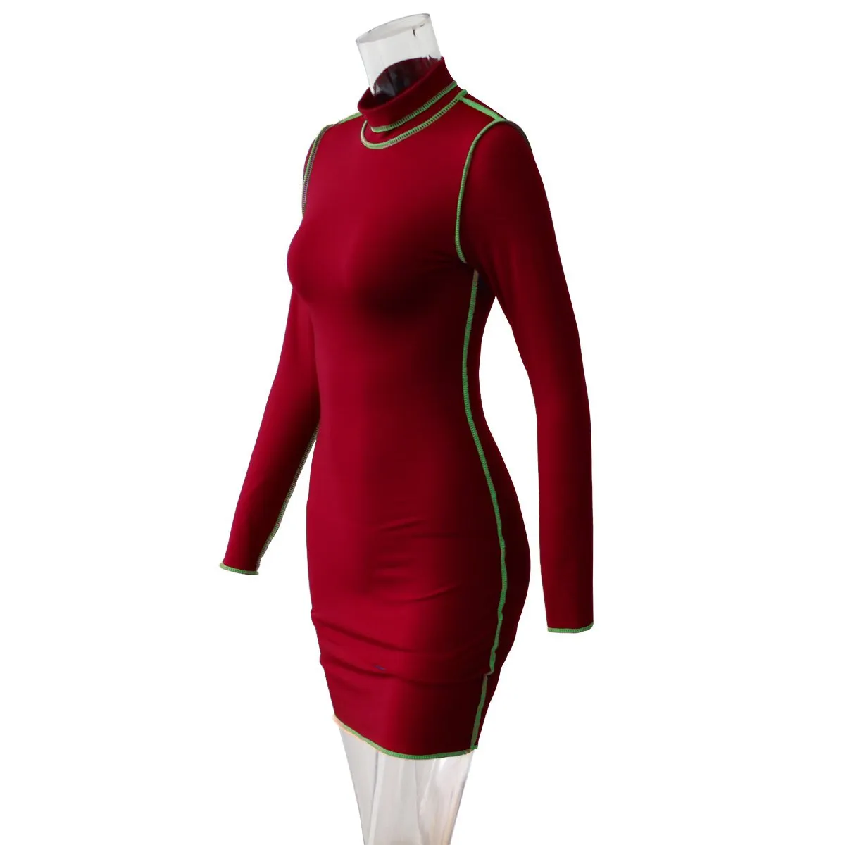 Fashionable round neck contrast long sleeve hip dress