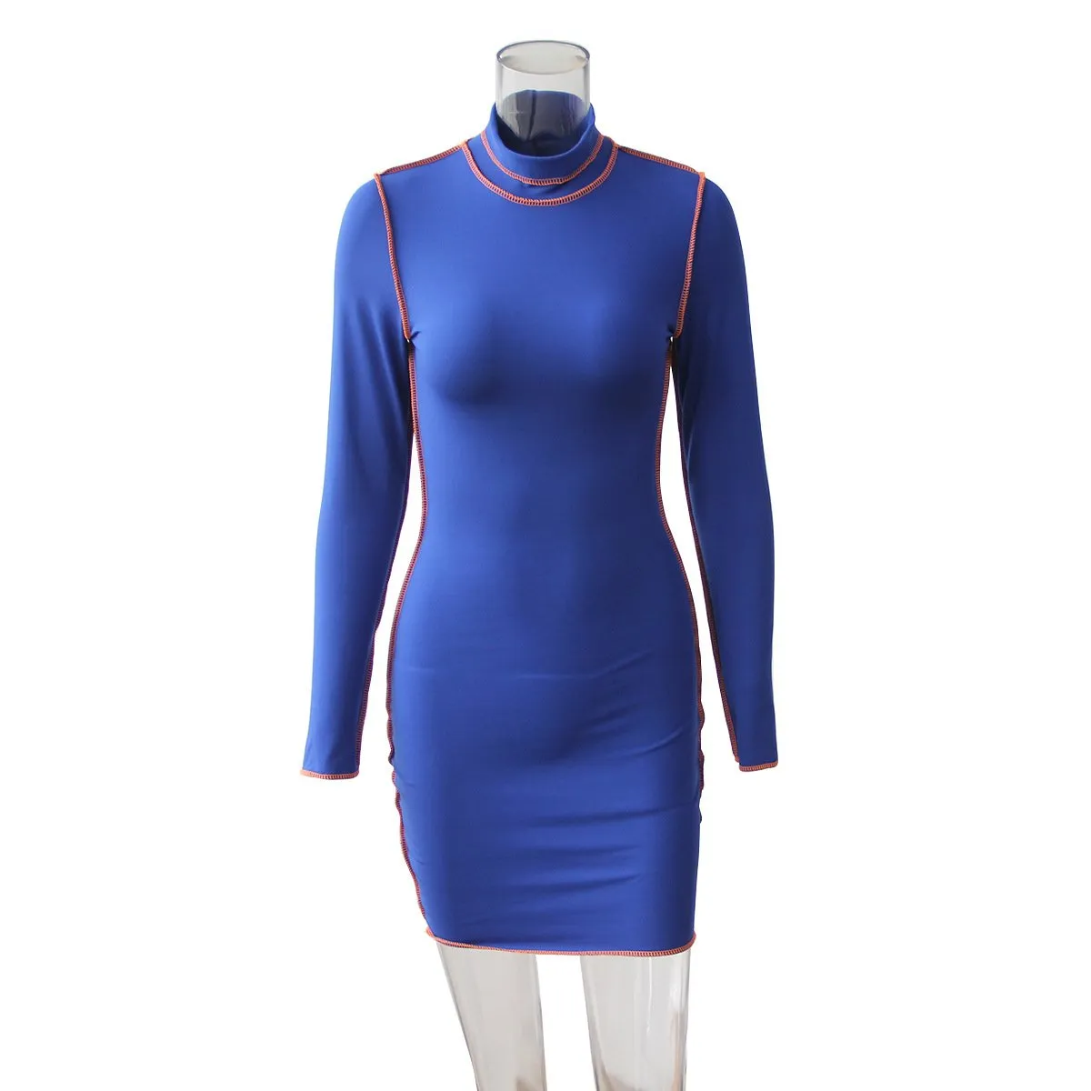 Fashionable round neck contrast long sleeve hip dress