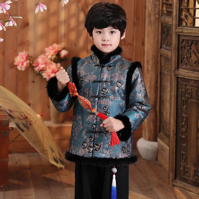 Floral Brocade Fur Edge Chinese Style Boy's Wadded Suit
