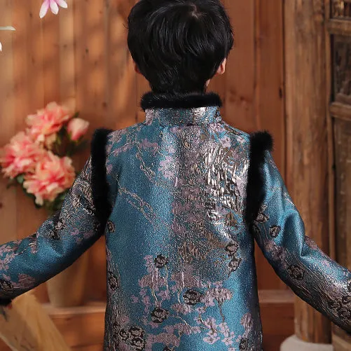Floral Brocade Fur Edge Chinese Style Boy's Wadded Suit