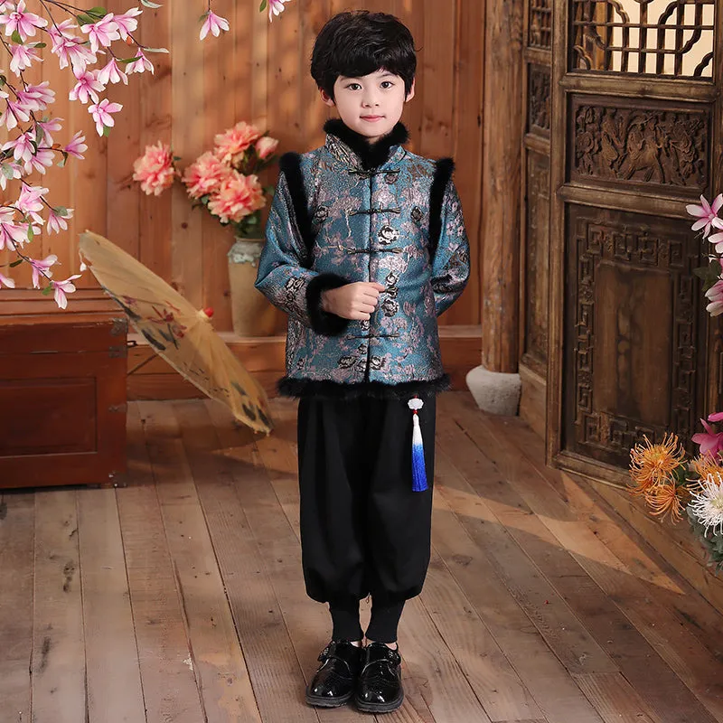 Floral Brocade Fur Edge Chinese Style Boy's Wadded Suit