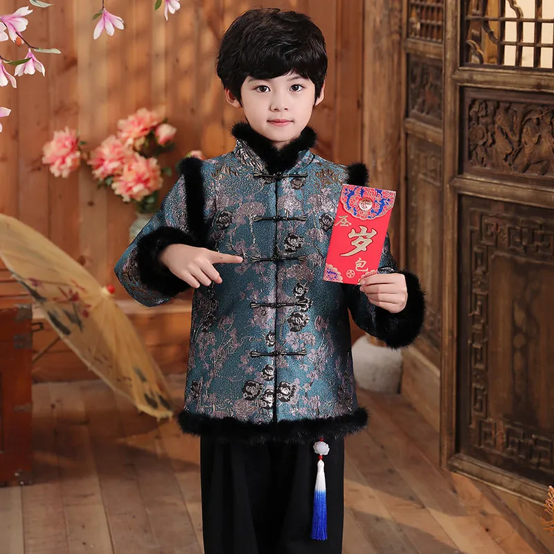 Floral Brocade Fur Edge Chinese Style Boy's Wadded Suit
