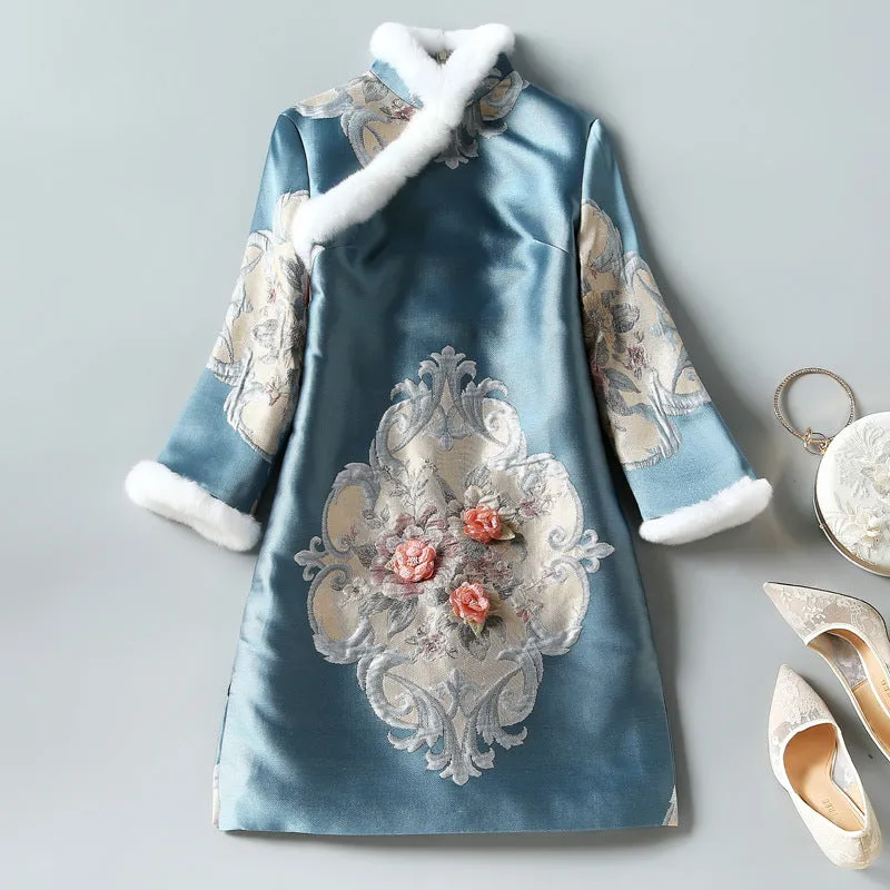 Floral Brocade Fur Edge Knee Length Cheongsam Wadded Chinese Dress
