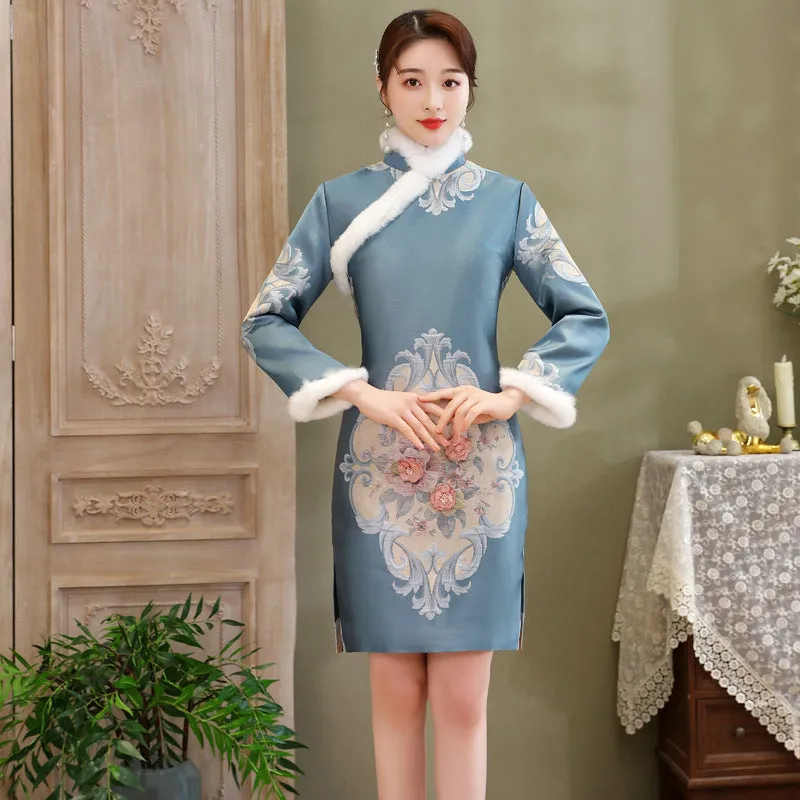 Floral Brocade Fur Edge Knee Length Cheongsam Wadded Chinese Dress
