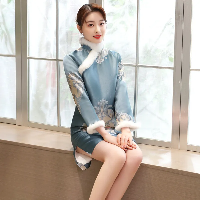 Floral Brocade Fur Edge Knee Length Cheongsam Wadded Chinese Dress