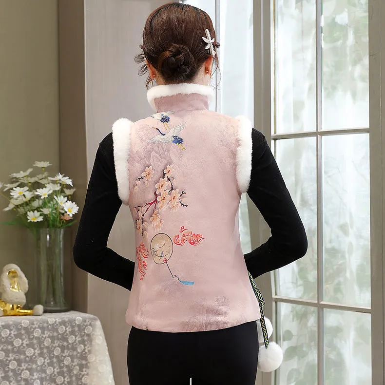 Floral Brocade Stand Collar Fur Edge Chinese Wadded Waistcoat Vest