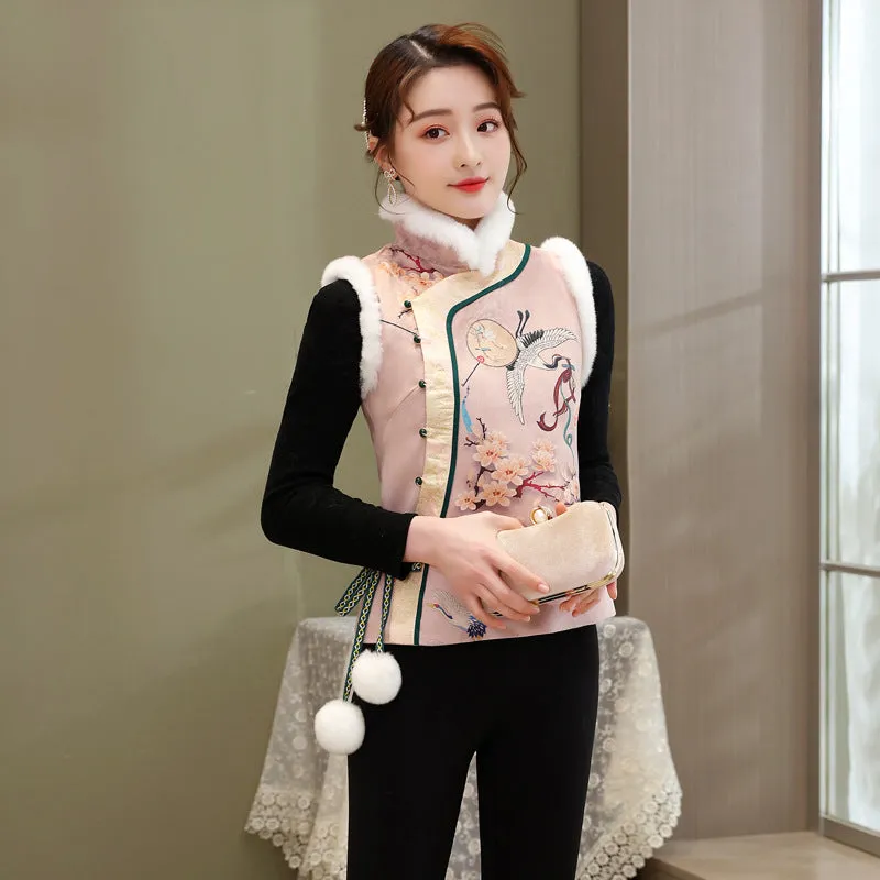 Floral Brocade Stand Collar Fur Edge Chinese Wadded Waistcoat Vest