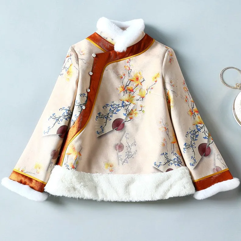 Floral Suede Fur Edge Women's Chinese Style Jacket Wadded Coat