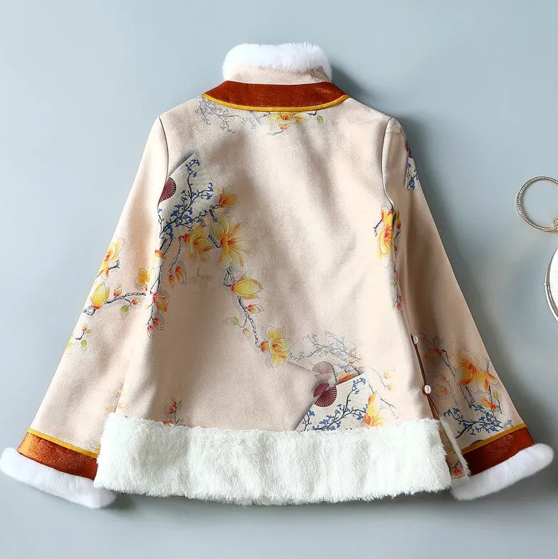 Floral Suede Fur Edge Women's Chinese Style Jacket Wadded Coat