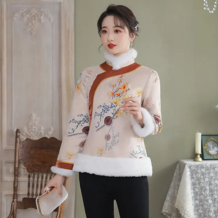 Floral Suede Fur Edge Women's Chinese Style Jacket Wadded Coat