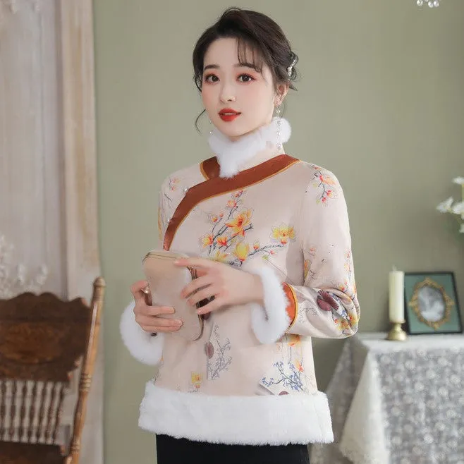 Floral Suede Fur Edge Women's Chinese Style Jacket Wadded Coat