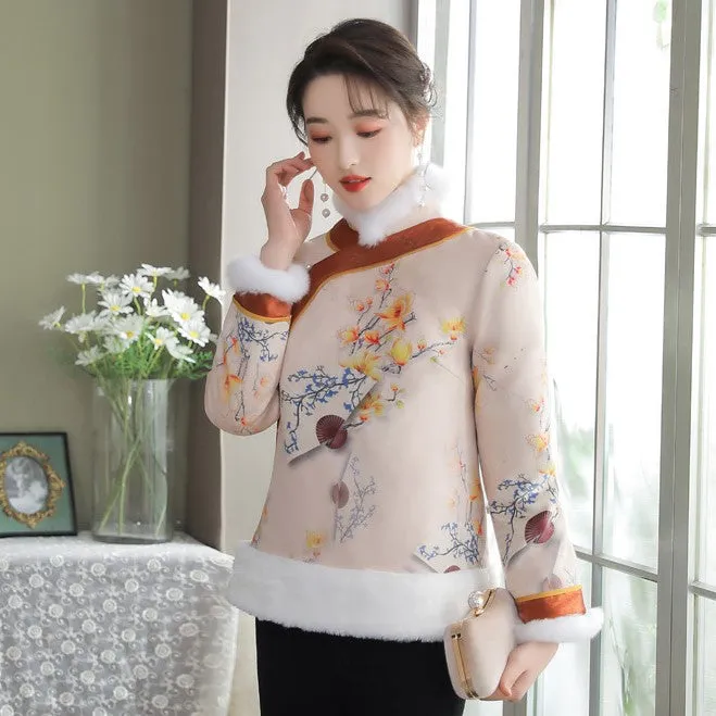 Floral Suede Fur Edge Women's Chinese Style Jacket Wadded Coat