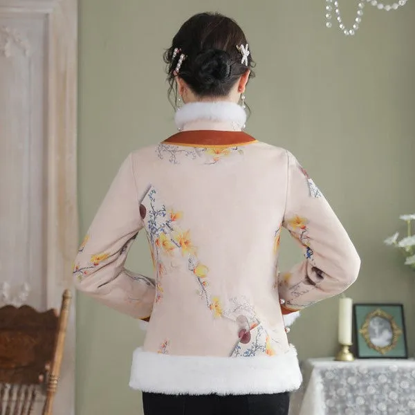 Floral Suede Fur Edge Women's Chinese Style Jacket Wadded Coat