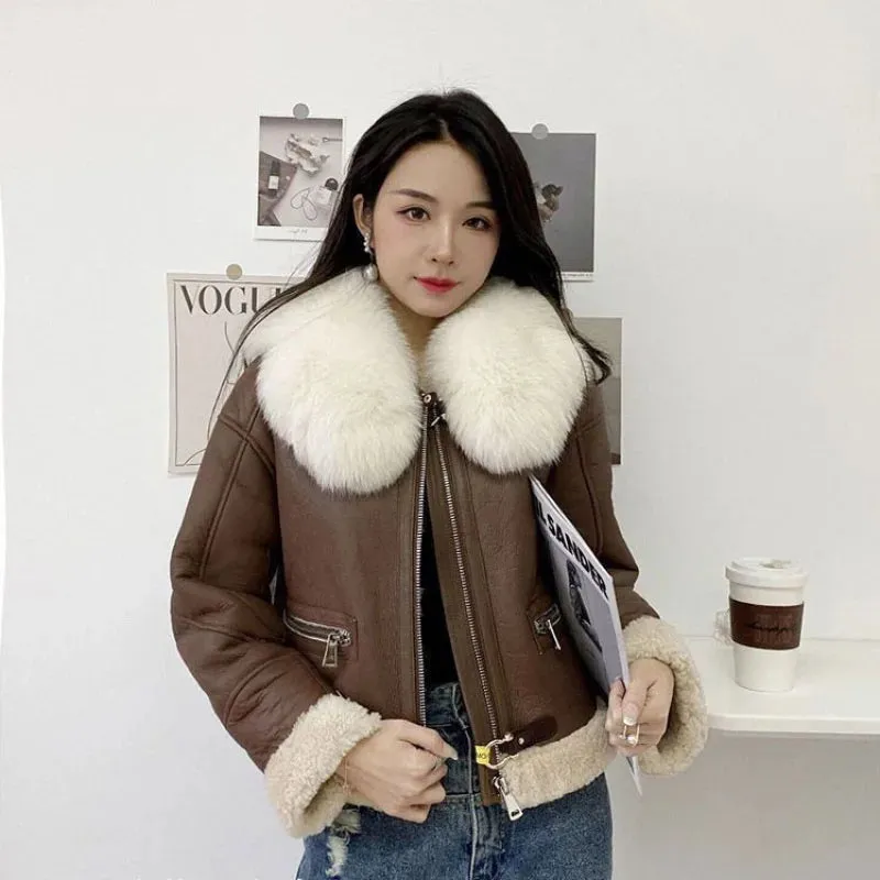 Fur Collar Brown Charming Faux Leather Jacket